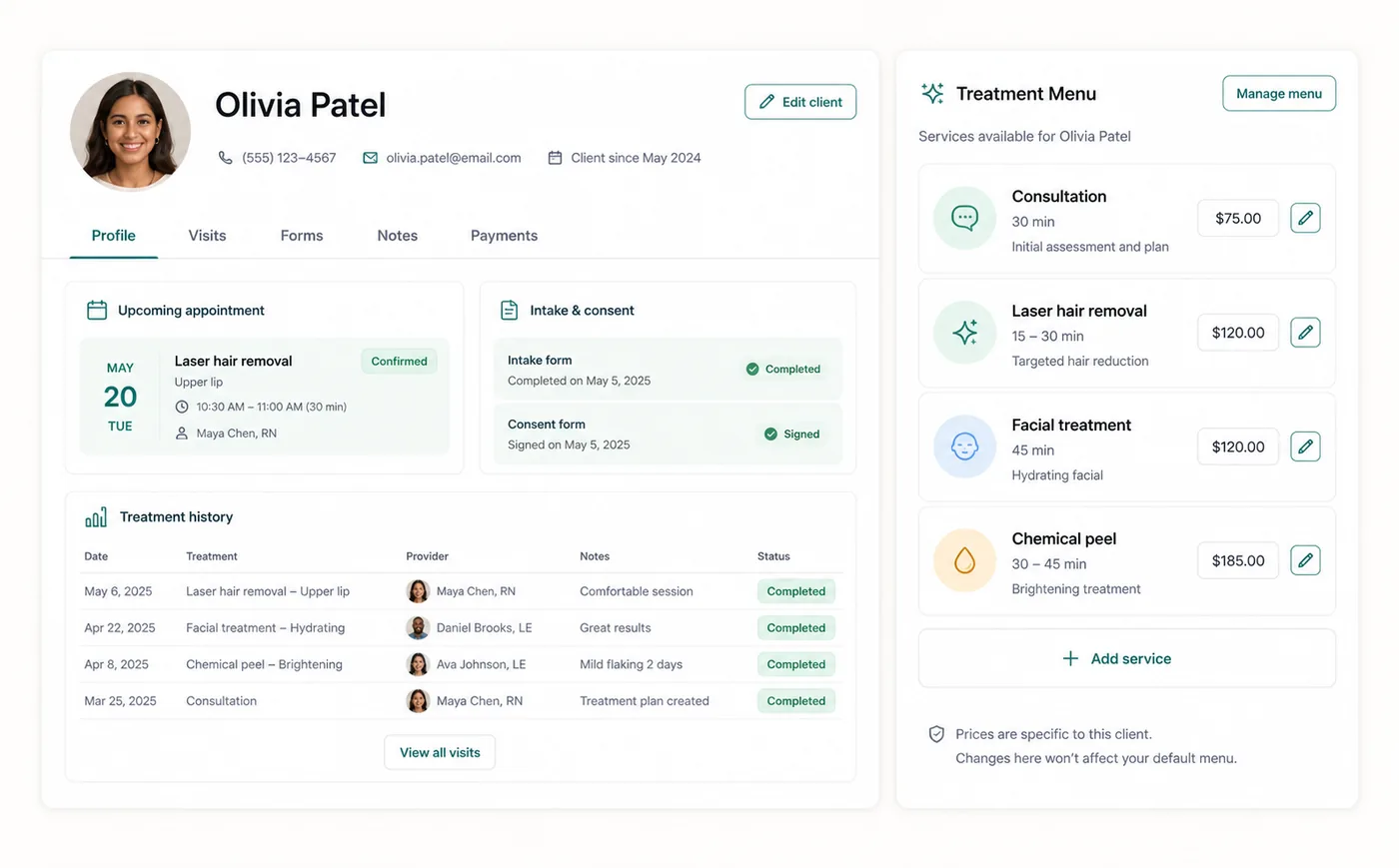 Zenome client profile and treatment menu workspace