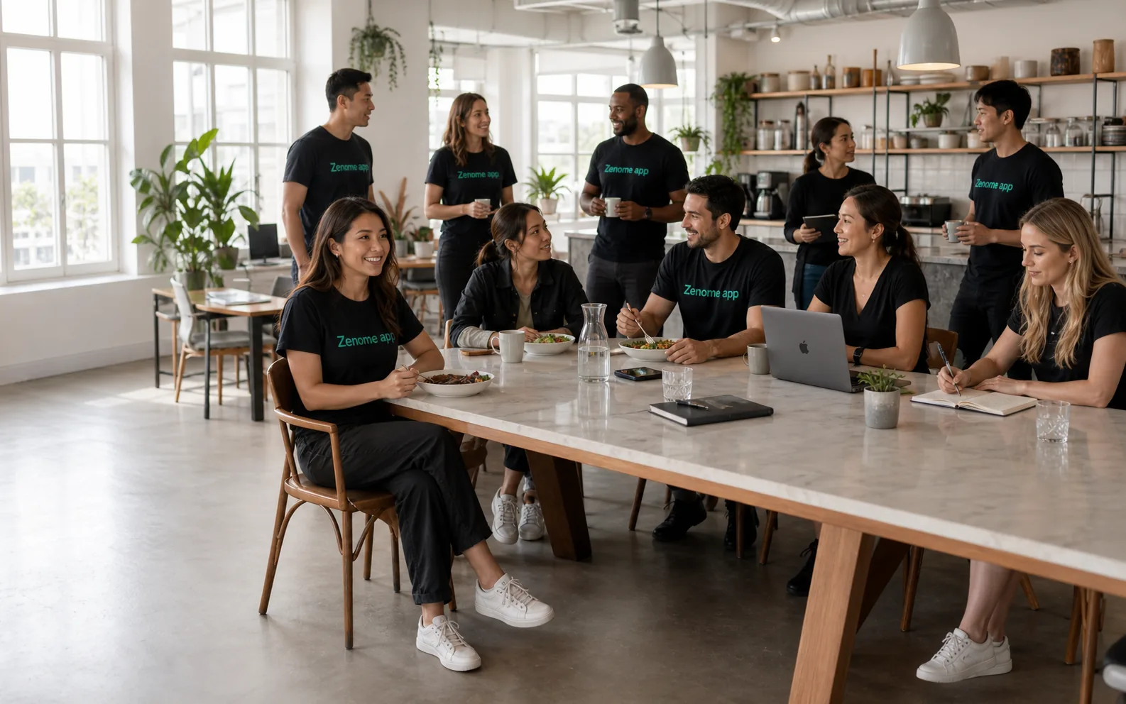 The Zenome team sharing lunch and working together in a bright studio office